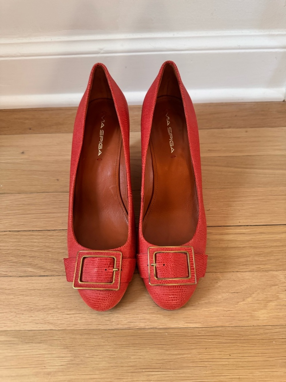 Via Spiga Coral-Red Textured Leather Pumps with Gold Buckles